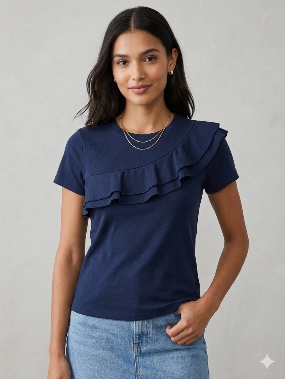 J.O.A. Navy Ruffle Short Sleeve Cotton Tee
